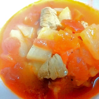 スパイシー☆根菜と豚肉のカレー風味のトマトスープ